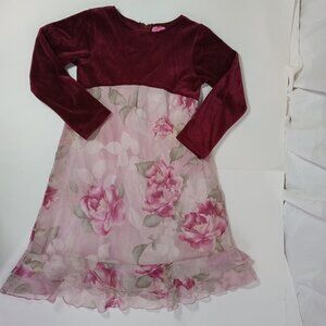 Girls Size 8 Velour Chiffon Pink Burgundy Floral Empire Waist Peony Dress
